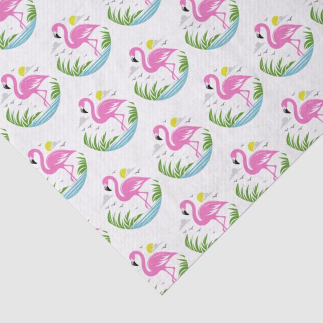 Tropical Pink Flamingo in Water, Sun, Clouds Tissue Paper (Detail)