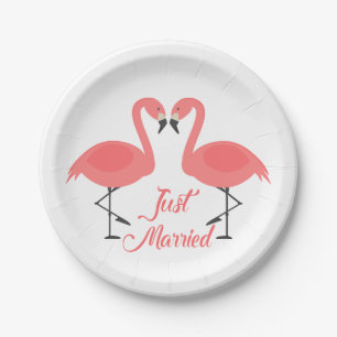 Tropical Pink Flamingo Just Married Wedding - Luau Paper Plates