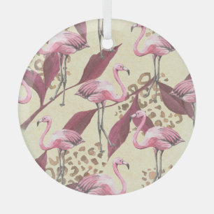 Tropical pink flamingo, leopard pattern. glass ornament