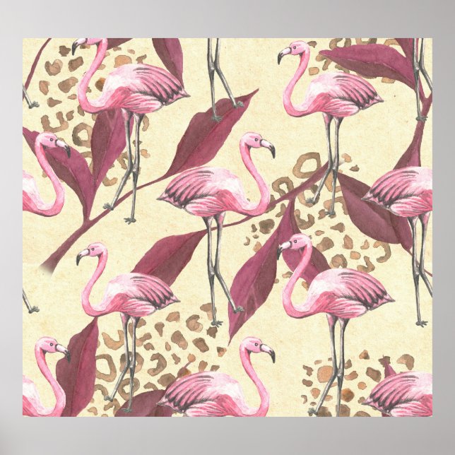 Tropical pink flamingo, leopard pattern. poster (Front)