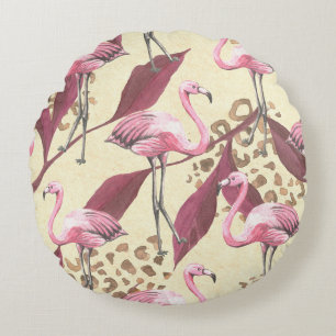 Tropical pink flamingo, leopard pattern. round pillow