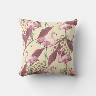 Tropical pink flamingo, leopard pattern. throw pillow