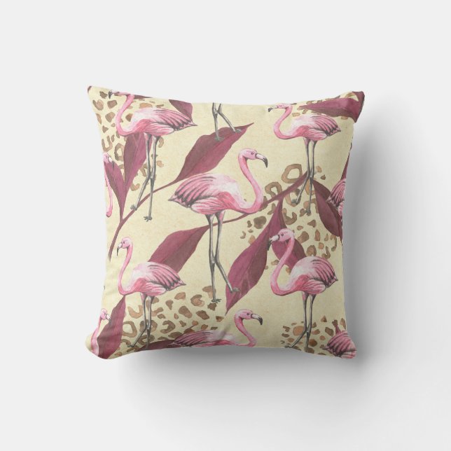 Tropical pink flamingo, leopard pattern. throw pillow (Front)