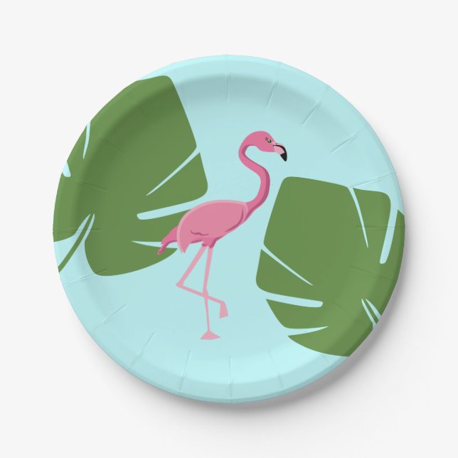 Tropical Pink Flamingo Luau Party Paper Plates (Front)