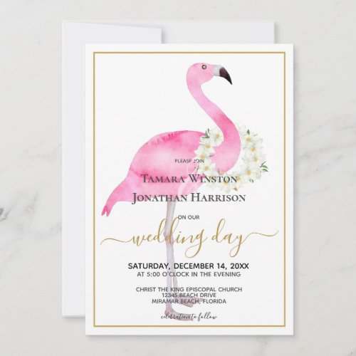 Tropical Pink Flamingo Magnolias Beach Wedding Invitation