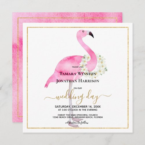Tropical Pink Flamingo Magnolias Beach Wedding Invitation
