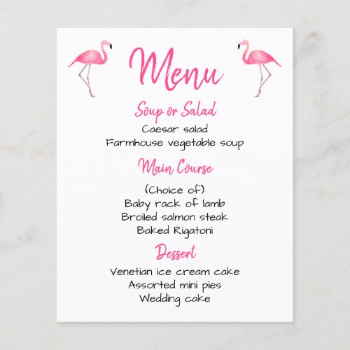 Tropical Pink Flamingo Menu Wedding Bridal Shower