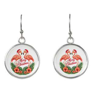 Tropical Pink Flamingo Merry Christmas Santa Hat Earrings