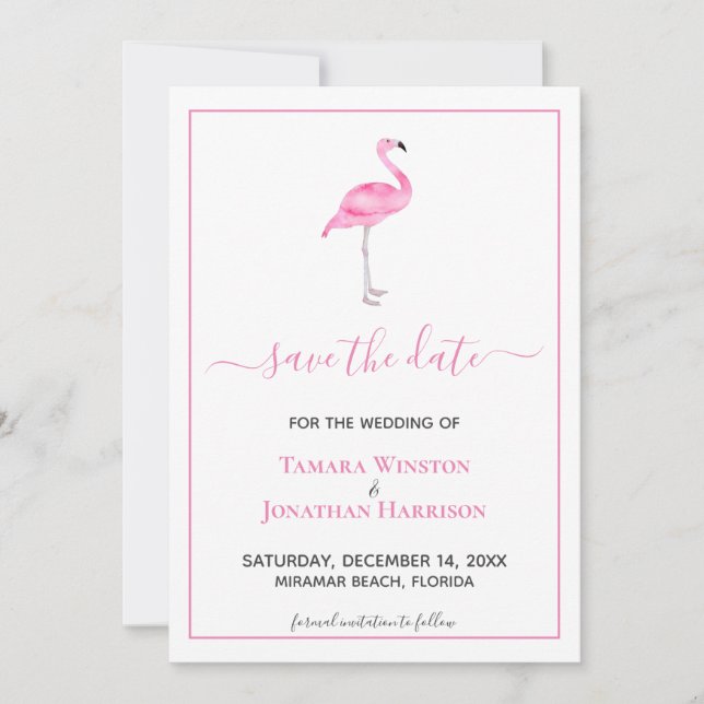 Tropical Pink Flamingo Modern Beach Wedding Save The Date (Front)