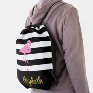 Tropical Pink Flamingo Name Black and White Stripe Drawstring Bag