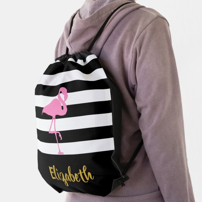 Tropical Pink Flamingo Name Black and White Stripe Drawstring Bag (Insitu)