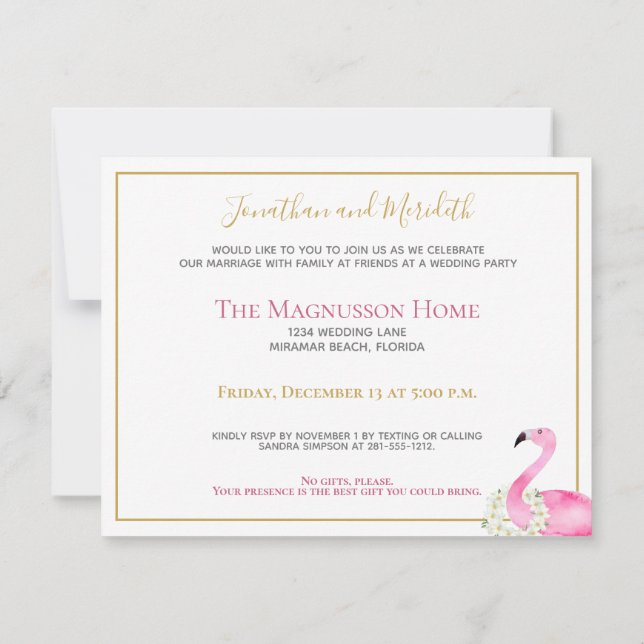 Tropical Pink Flamingo No Gifts Reception Party Invitation (Back)