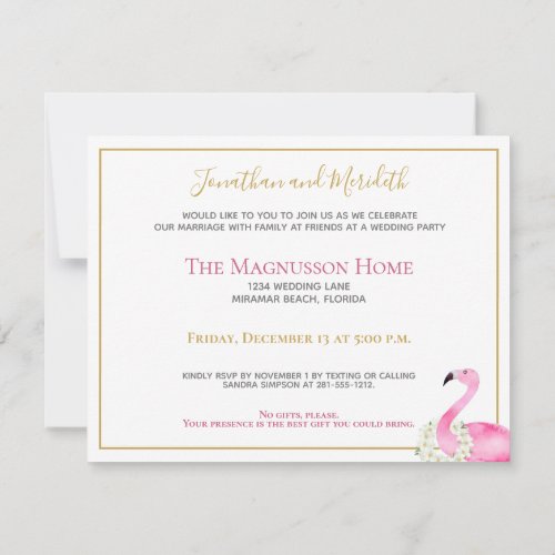 Tropical Pink Flamingo No Gifts Reception Party Invitation