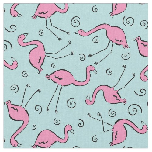 Tropical Pink Flamingo on Aqua Blue Pattern Fabric