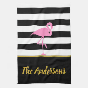 Tropical Pink Flamingo on Black and White Stripes Kitchen Towel