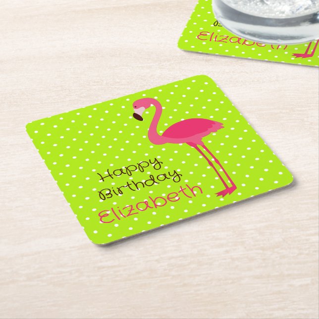 Tropical Pink Flamingo on Green White Polka Dots Square Paper Coaster (Angled)