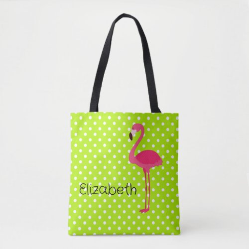 Tropical Pink Flamingo on Green White Polka Dots Tote Bag