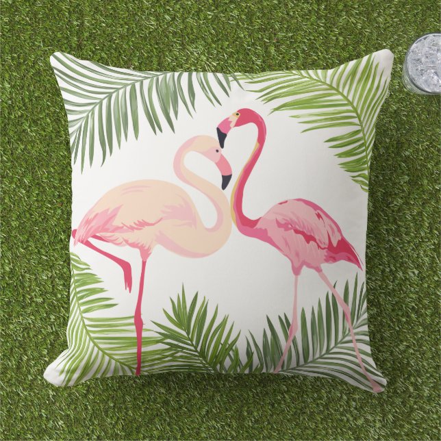Tropical Pink Flamingo Pair Palm Frond Outdoor Pillow (Grass)