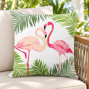 Tropical Pink Flamingo Pair Palm Frond Outdoor Pillow