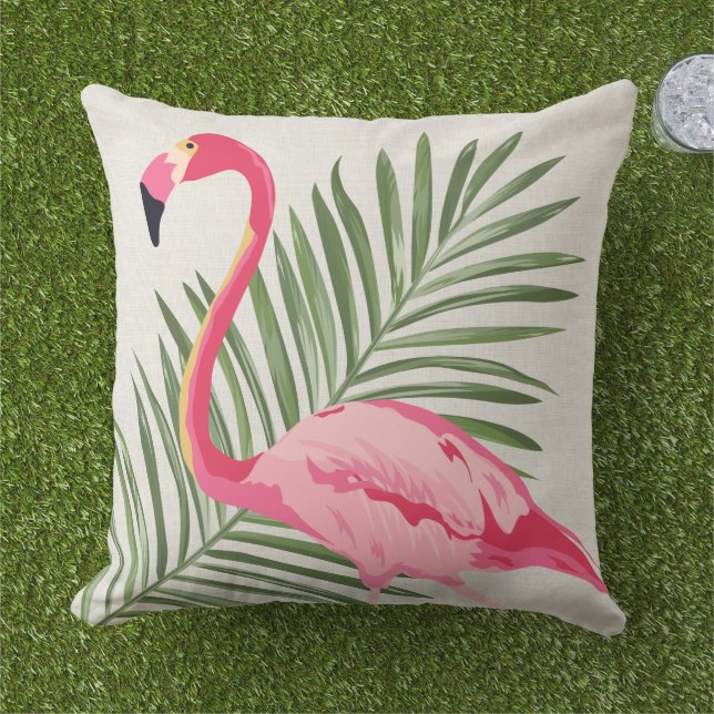 Tropical Pink Flamingo Palm Beige Linen Outdoor Pillow (Grass)