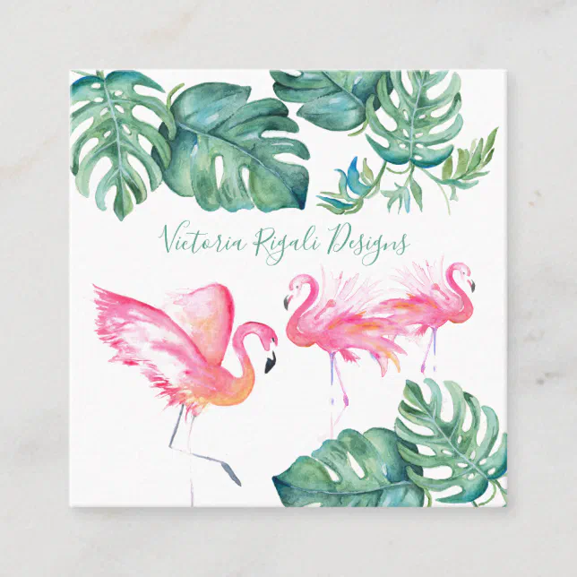 Tropical Pink Flamingo Palm Leaves Square Business Card | Zazzle