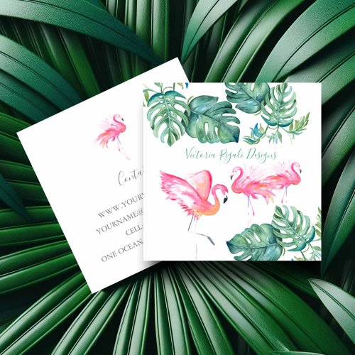 Tropical Pink Flamingo Palm Leaves Square Business Card