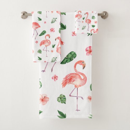 Tropical Pink Flamingo Pattern Bathroom Bath Towel Set