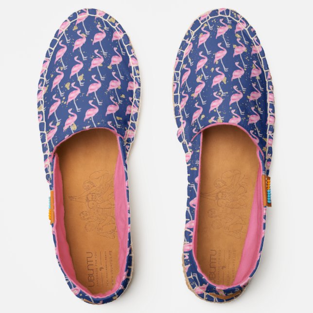 Tropical Pink Flamingo Pattern Gold Glitter Blue Espadrilles (Front)