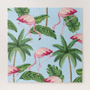 Tropical Pink Flamingo Pattern Jigsaw Puzzle