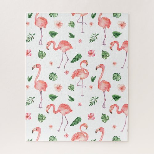 Tropical Pink Flamingo Pattern Jigsaw Puzzle