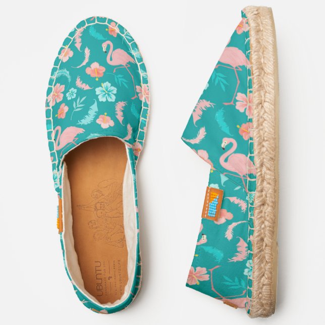 Tropical Pink Flamingo Pattern on Teal Espadrilles (Side)