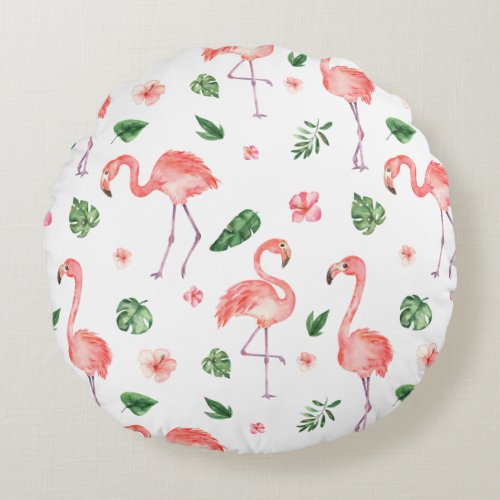 Tropical Pink Flamingo Pattern Round Pillow