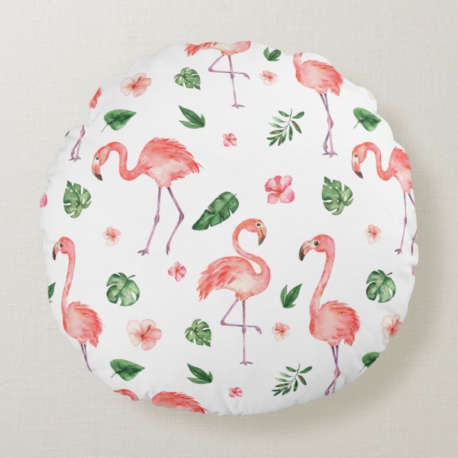 Tropical Pink Flamingo Pattern Round Pillow (Front)