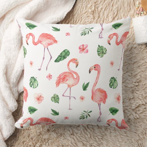 Tropical Pink Flamingo Pattern Throw Pillow