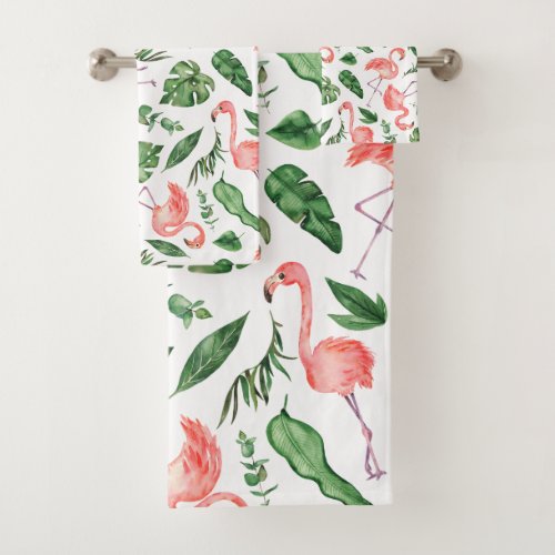 Tropical Pink Flamingo Pattern v2 Bathroom Bath Towel Set