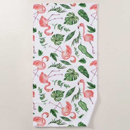 Tropical Pink Flamingo Pattern v2 Beach Towel