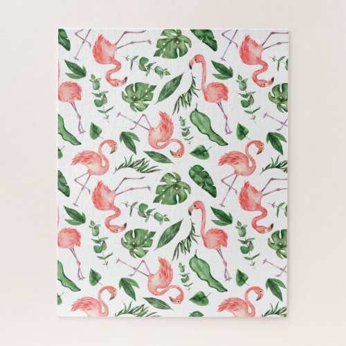 Tropical Pink Flamingo Pattern v2 Jigsaw Puzzle