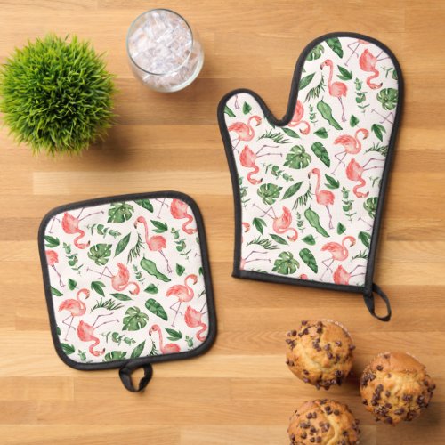 Tropical Pink Flamingo Pattern v2 Oven Mitt  Pot Holder Set