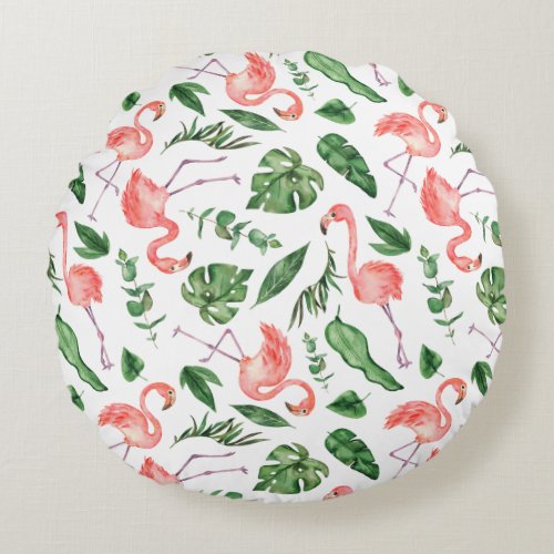 Tropical Pink Flamingo Pattern v2 Round Pillow