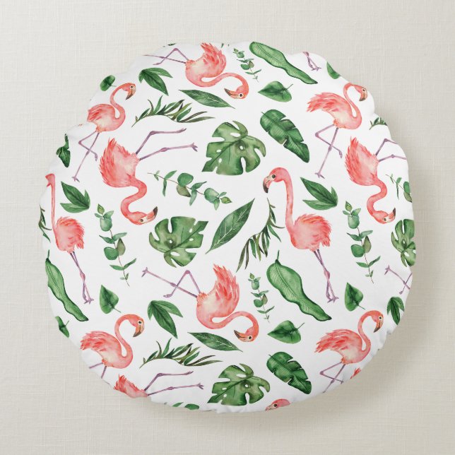 Tropical Pink Flamingo Pattern v2 Round Pillow (Front)