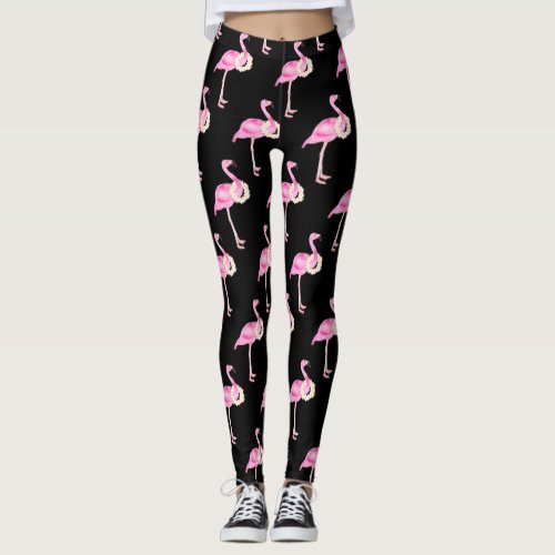 Tropical Pink Flamingo Pattern White Floral Wreath Leggings