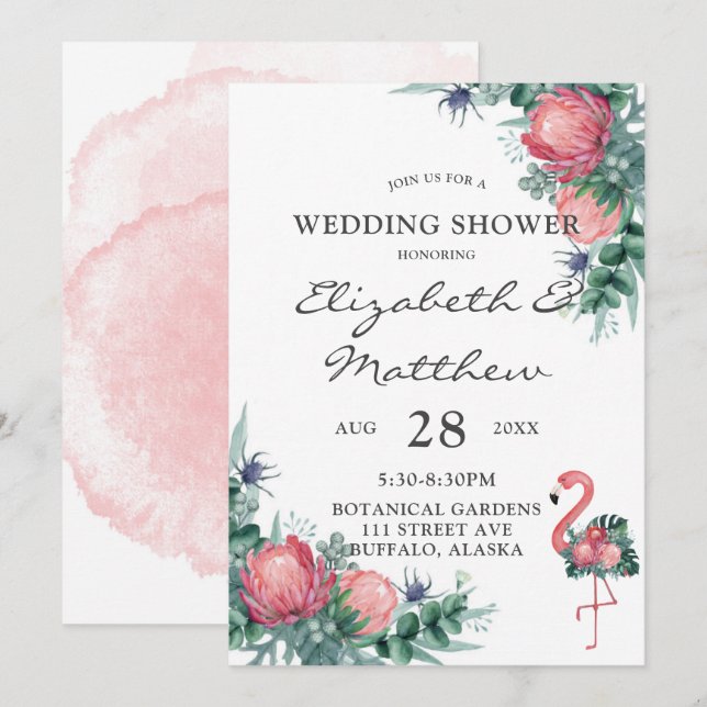 Tropical Pink Flamingo Peony Wedding Shower Invitation (Front/Back)