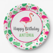 Tropical Pink Flamingo Personalized Birthday Paper Plate