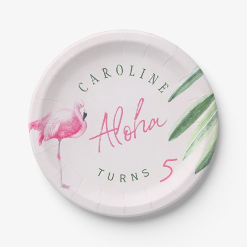 Tropical pink flamingo personalized birthday party paper plates