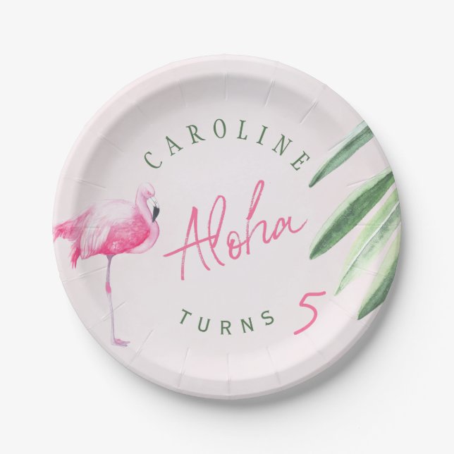 Tropical pink flamingo personalized birthday party paper plates (Front)