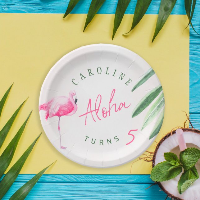Tropical pink flamingo personalized birthday party paper plates (Creator Uploaded)