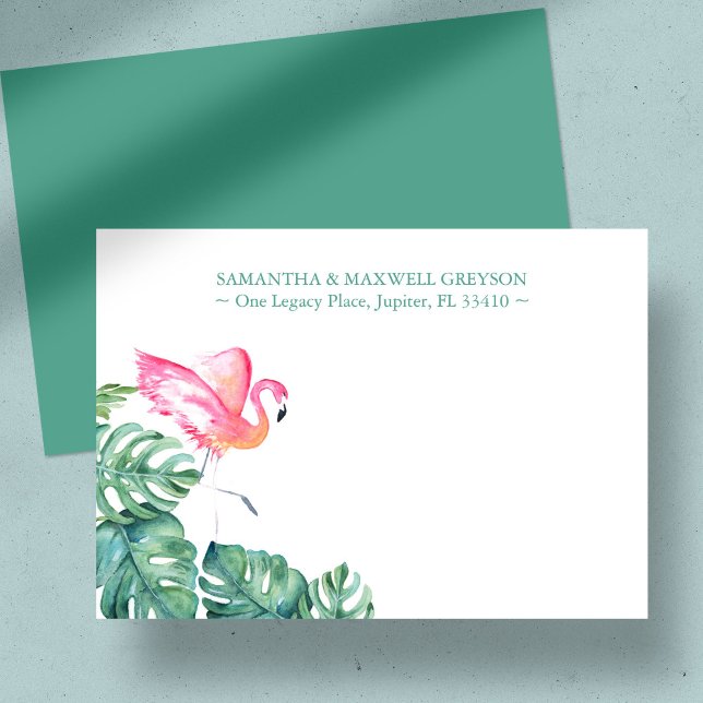 Tropical Pink Flamingo Personalized Stationery Note Card (Custom note cards tropical watercolor pink flamingo and palm leaves art by Victoria Grigaliunas)
