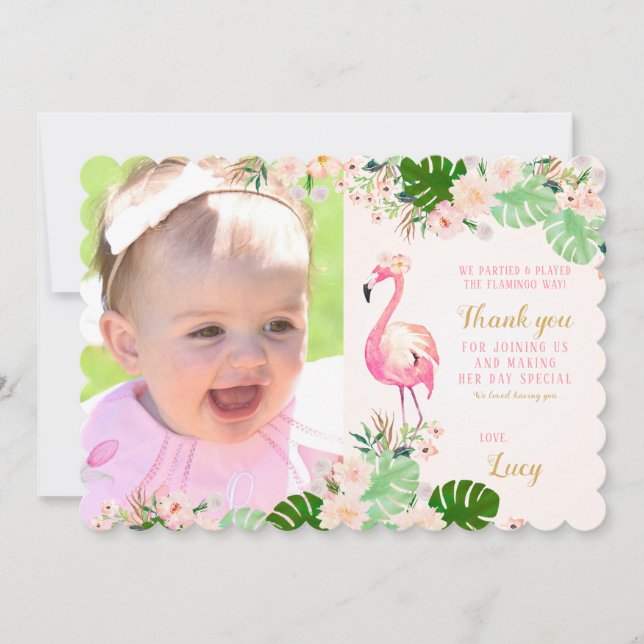 Tropical Pink Flamingo Photo Thank you card (Front)
