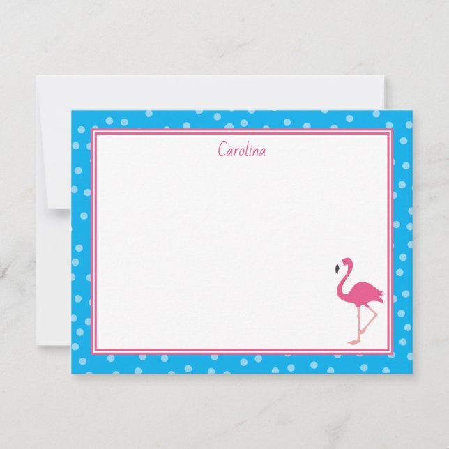 Tropical Pink Flamingo Polka Dots Blue Stationery Note Card (Front)