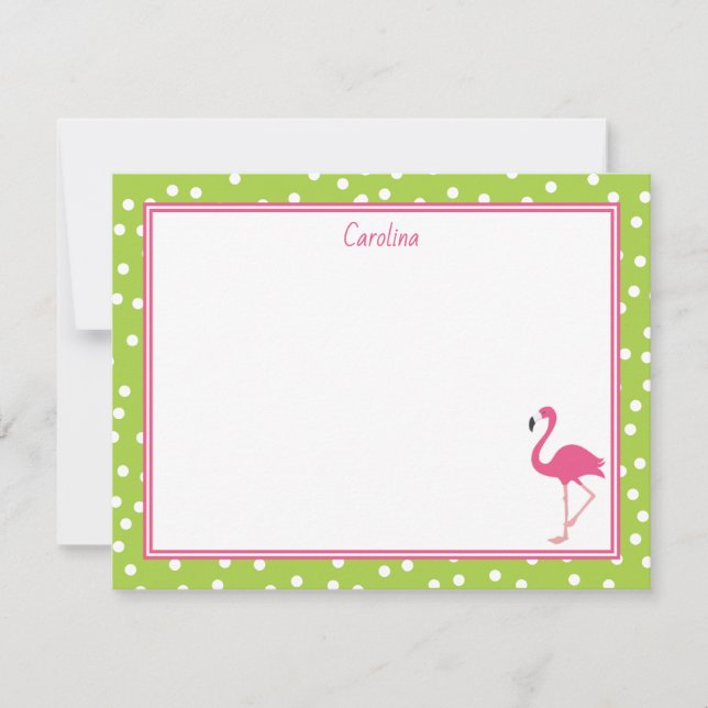 Tropical Pink Flamingo Polka Dots Lime Green Note Card (Front)
